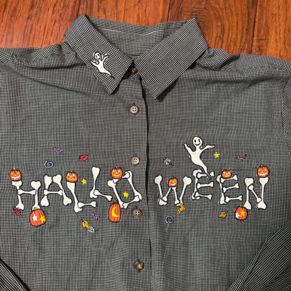 VTG Karen Scott M Halloween Embroidered Button Down Shirt Black Gingham Skeleton